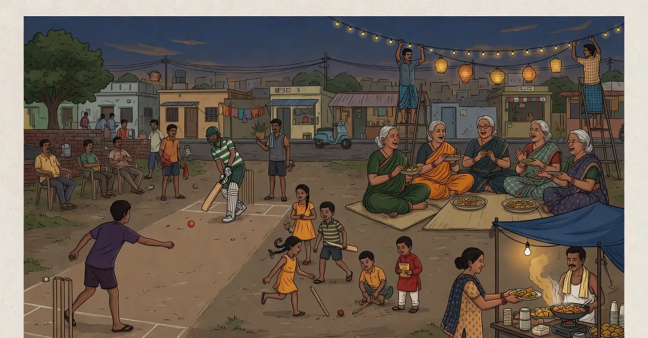 A wide evening scene on a neighbourhood ground: a cricket match on one side, a circle of older women singing on the other, children running between them, a food stall, and string lights being hung.