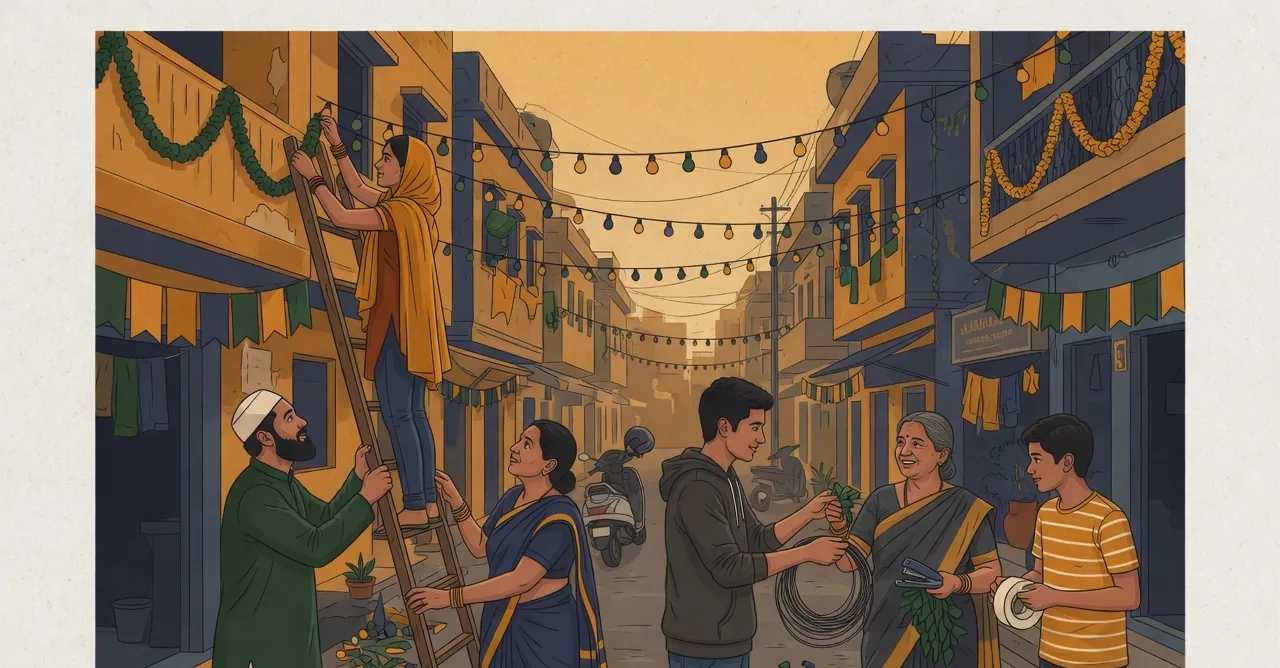 ಬೇರೆ ಬೇರೆ ಧರ್ಮ ಮತ್ತು ವಯಸ್ಸಿನ ನೆರೆಹೊರೆಯವರು ಹಬ್ಬಕ್ಕಾಗಿ ಕಿರಿದಾದ ಬೀದಿಯನ್ನು ಅಲಂಕರಿಸುತ್ತಿದ್ದಾರೆ: ಏಣಿಯ ಮೇಲಿರುವ ಮಹಿಳೆಯೊಬ್ಬರು ಚೆಂಡುಹೂವಿನ ಹಾರಗಳನ್ನು ತೂಗುಹಾಕುತ್ತಿದ್ದಾರೆ, ಟೋಪಿ ಧರಿಸಿದ ಗಡ್ಡಧಾರಿ ವ್ಯಕ್ತಿಯೊಬ್ಬರು ಏಣಿಯನ್ನು ಹಿಡಿದಿದ್ದಾರೆ ಮತ್ತು ಸೀರೆಯುಟ್ಟ ಮಹಿಳೆಯೊಬ್ಬರು ಇನ್ನೊಂದು ಬದಿಯಿಂದ ಹಿಡಿದಿದ್ದಾರೆ; ಒಬ್ಬ ಯುವಕ ಮತ್ತು ಒಬ್ಬ ವೃದ್ಧೆ ದೀಪದ ಸರಗಳು ಮತ್ತು ಎಲೆಗಳನ್ನು ಪರಸ್ಪರ ಕೈಗಿಡುತ್ತಿದ್ದಾರೆ; ಹುಡುಗನೊಬ್ಬ ಟೇಪ್ ಸುರುಳಿ ಹಿಡಿದಿದ್ದಾನೆ.