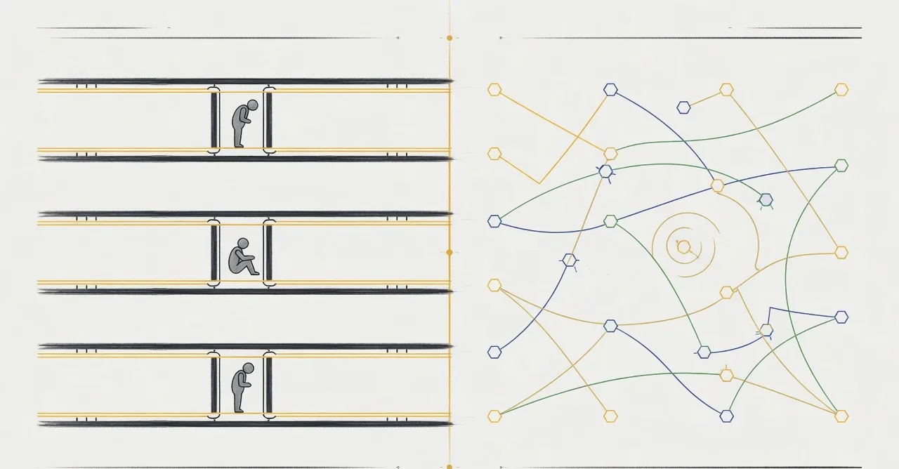 Left half: three rigid parallel corridors with hard walls, small figures locked into one each, in grey. Right half: an open field of subject nodes with many individual coloured routes threading between them.
