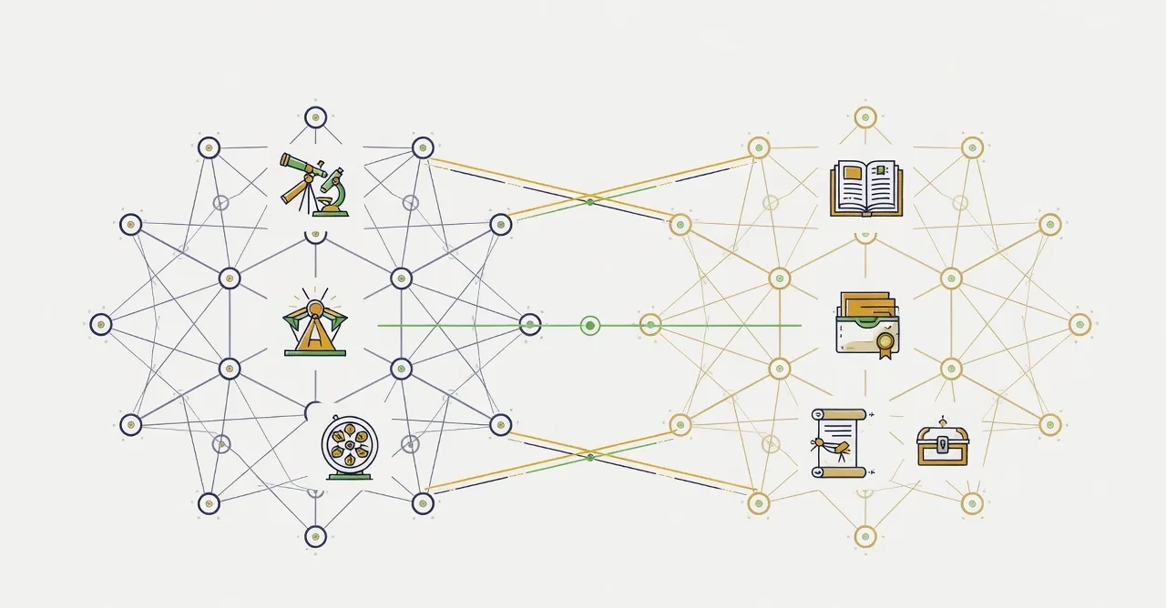 A balanced symmetrical diagram: twenty nodes in indigo connected into a dense research network with shared instrument icons at the hubs on the left, twenty nodes in gold connected around manuscript and archive icons on the right, joined at several points.