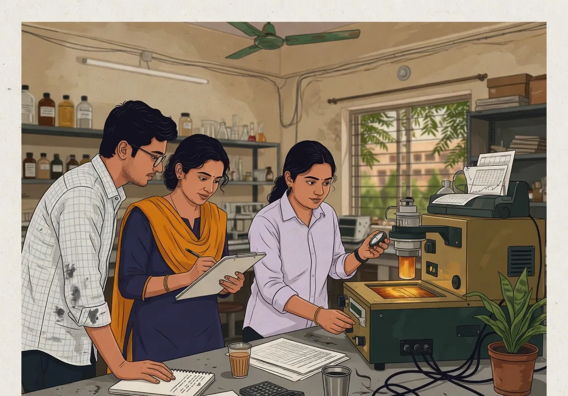 A young researcher in a plain shirt operating a large scientific instrument in an ordinary Indian university laboratory, with two others watching and taking notes.