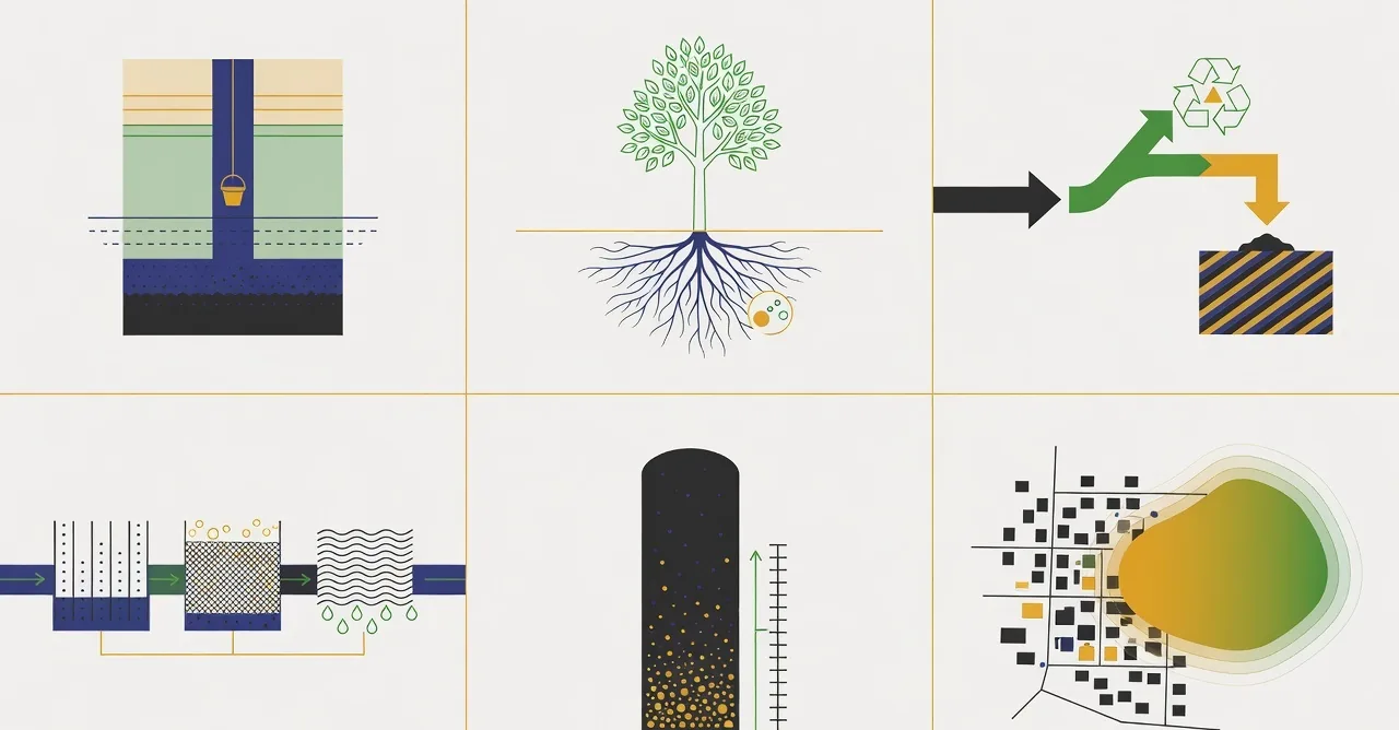 A six-panel measurement dashboard: a well cross-section showing water table depth, a tree with roots and a count marker, a waste stream splitting into recycled and landfill, a water treatment flow, an air particulate indicator, and a heat gradient over a settlement plan.