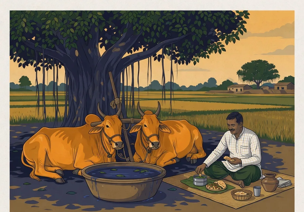 A pair of bullocks at rest in deep shade beside a field, unyoked, with a full water trough, while their handler sits nearby eating. The animals are in visibly good condition.