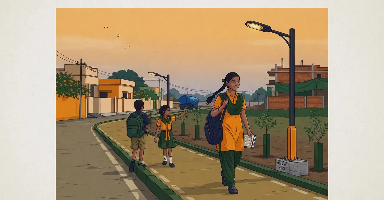 A girl of about eleven in a school uniform walks to school at dawn along a newly built footpath with a kerb, young trees and a fresh street light, a satchel on her shoulder and a notebook in her hand, while two younger children walk ahead of her.