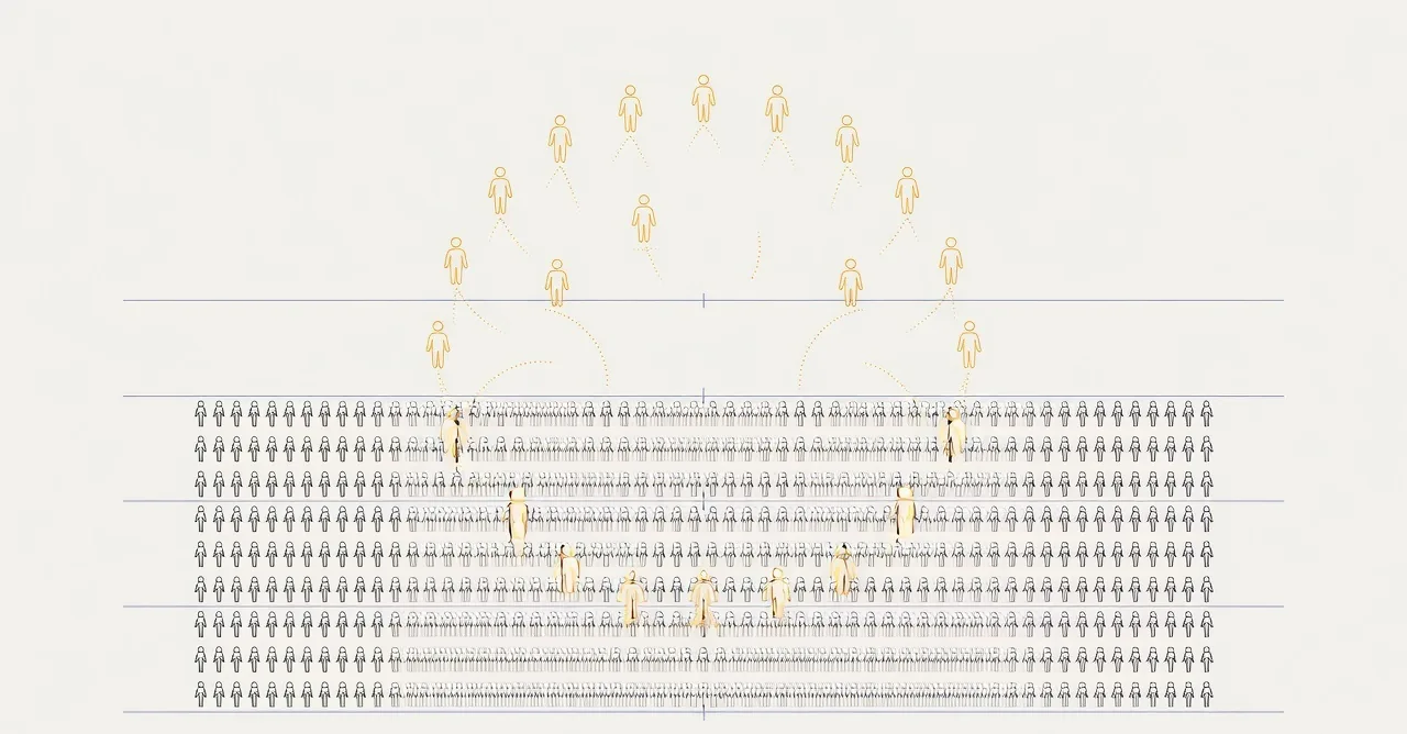 A large field of identical small figure icons from which twenty-five are drawn at random and lifted into a ring above, the selected ones in saffron and visibly scattered across the whole field rather than clustered.