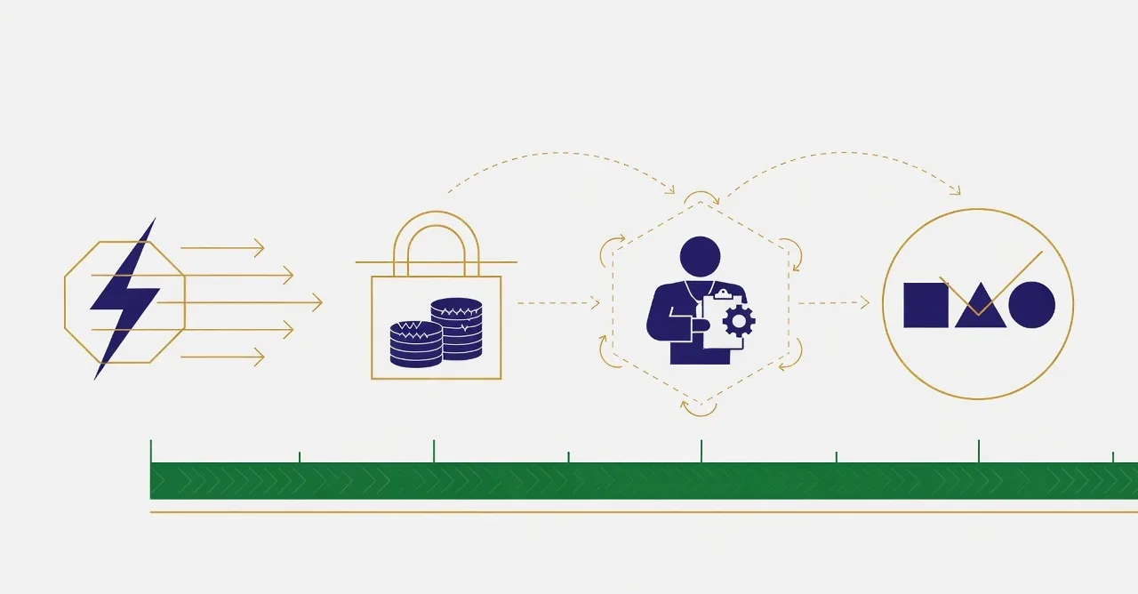 A flow diagram from a failure trigger through a frozen fund icon, a temporary administrator icon and a fresh selection icon, with an unbroken green baseline bar running underneath the entire flow.