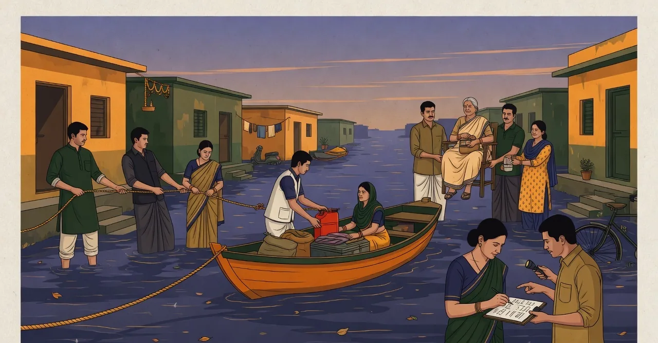 Aftermath of flooding in a low-lying neighbourhood at dawn: neighbours rather than uniformed responders working a rope line across water, loading a boat, carrying an elderly woman on a chair, and checking a list on a clipboard.