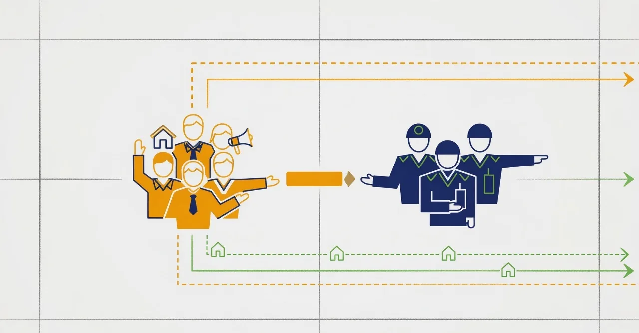 A relay diagram showing a community team icon passing a clear marker to a professional response team icon, with the community line continuing alongside in a supporting role rather than stopping or overlapping.