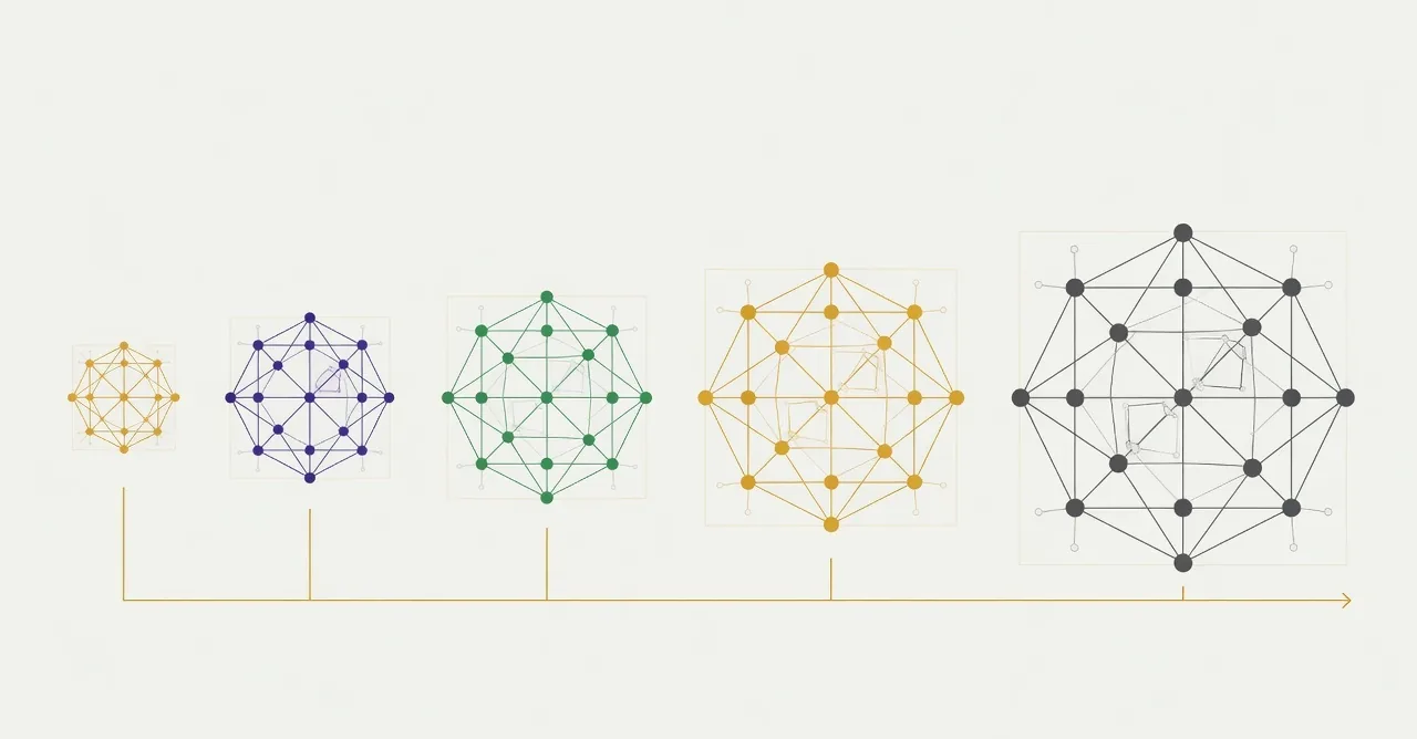 A horizontal progression of five linked forms increasing in scale and complexity from a single small node to a wide sparse network, each stage in a different colour.