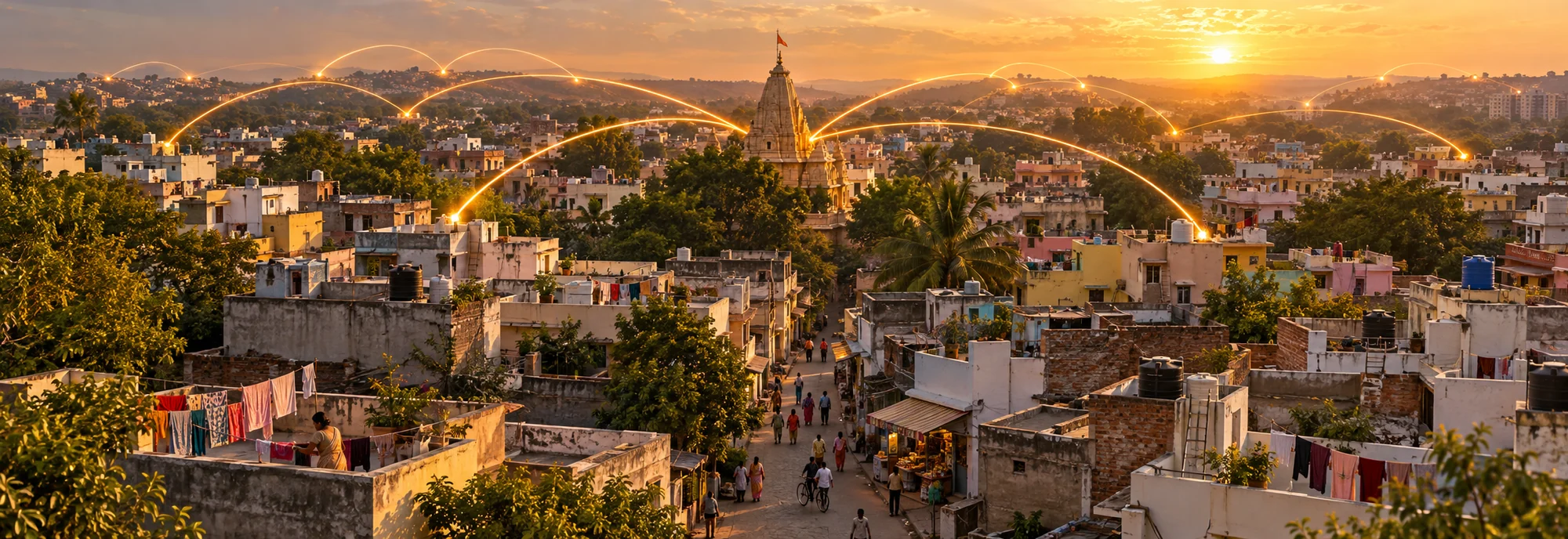 An Indian town at sunset seen from a rooftop: low houses with water tanks and washing lines, trees, a lane where people walk past a lit shopfront, and a temple shikhara rising at the centre. Arcs of warm light rise from the rooftops and curve outward to other settlements on the horizon.